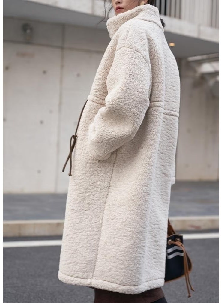 Barbora Plush Waist Laced Winter Women's Zippered Lined Furry Jacket WS02KREM6 - Image 2